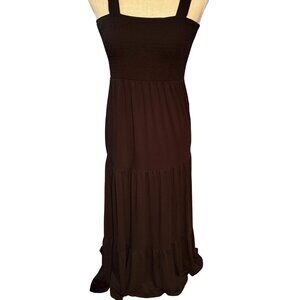 LOFT Petite XS Black Smocked Tiered Midi Dress Stretch Sundress